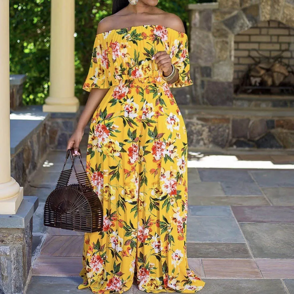 

boho floral printed long jumpsuits slash neck 2021 summer high waist lady rompers one piece hawaii rompers african style