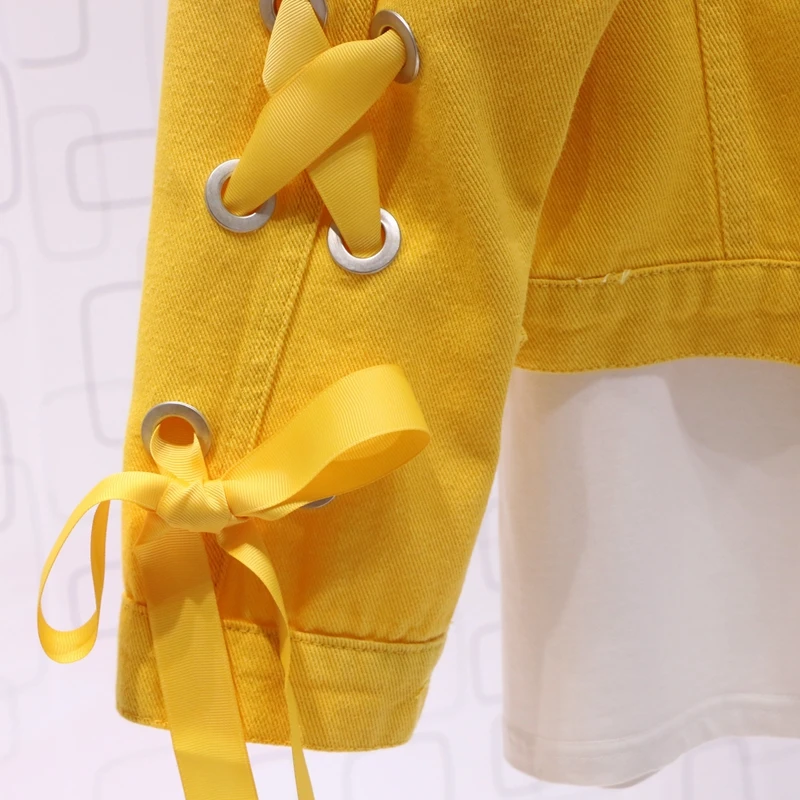 

Korean Cross Strap Loose Yellow Denim Jacket Women 2021 Short Spring/Autumn Long Sleeve Coat Fashion Street Clothing Jean Jacket