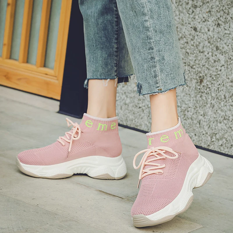 Rimocy Autumn Pink Sneakers Women 2019 New Knitting Lace Up Sock Shoes Woman Casual Walking Thick Bottom Zapatos De Mujer | Обувь