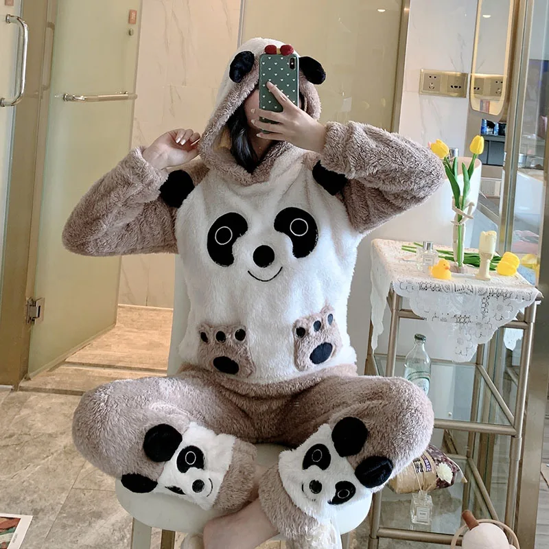 

Осенне-зимние теплые фланелевые женские пижамные комплекты, плотная бархатная одежда для сна с длинным рукавом и мультяшным рисунком, Женс...