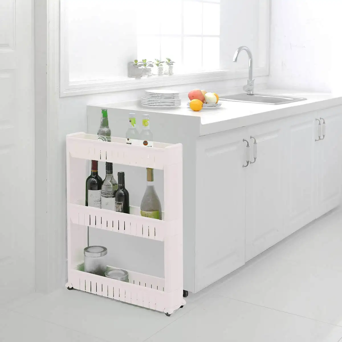 

3/4/5 Layer Gap Kitchen Storage Rack Slim Slide Tower Movable Assemble Plastic Bathroom Shelf Wheels Space Saving Home Organizer