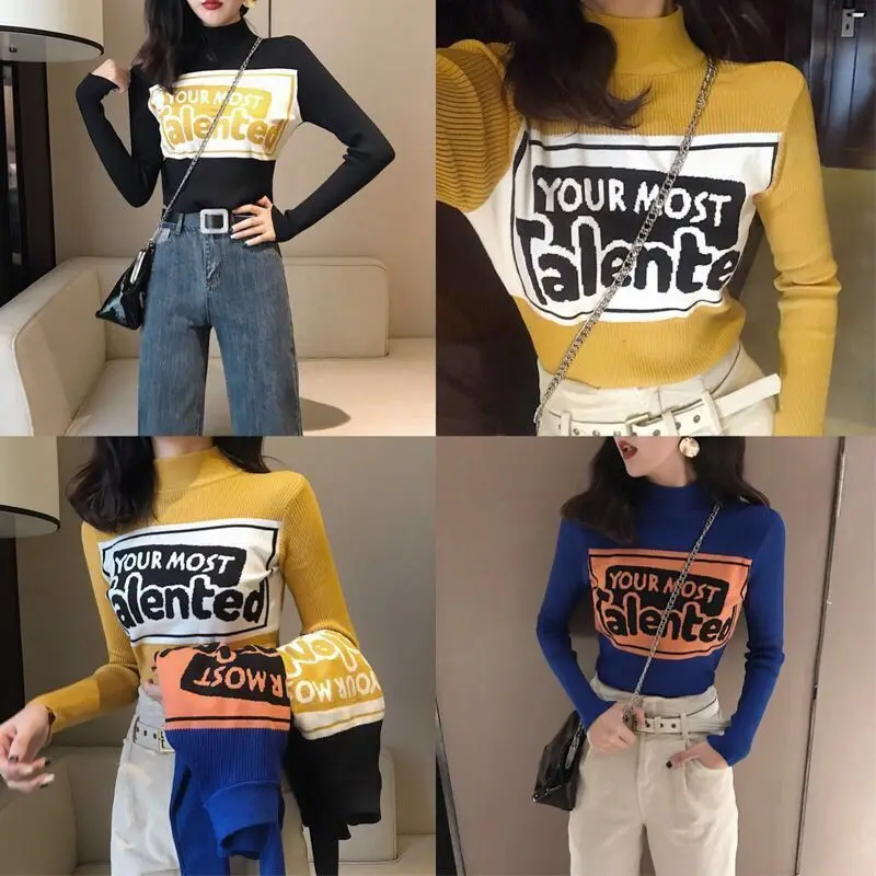 

Joker temperament jacket new Korean version of Hong Kong flavor retro color color letter slim half high neck bottomed sweater
