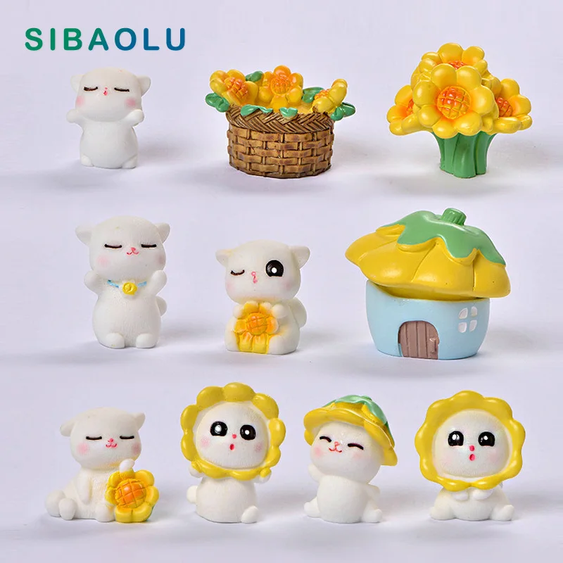 White Cat Sunflower Figurine New Resin Diy Home Decor Miniature Fairy Garden Ornament Decoration Accessories Modern Figure