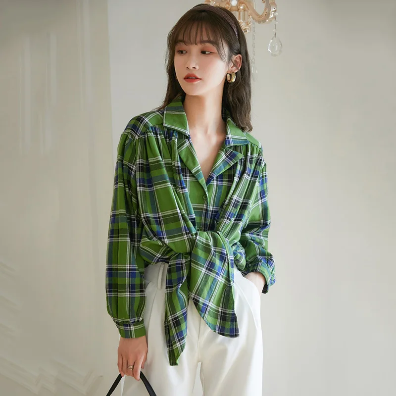 

Size Women Big Plaid Vintage Tie Blouse New Lapel Long Sleeve Loose Fit Shirt Fashion Tide Spring Autumn 2021 1DD1007