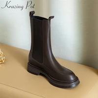 krazing pot fashion cow leather round toe motorcycle boots platform slip on winter shoes superstar elegant mid calf boots l94