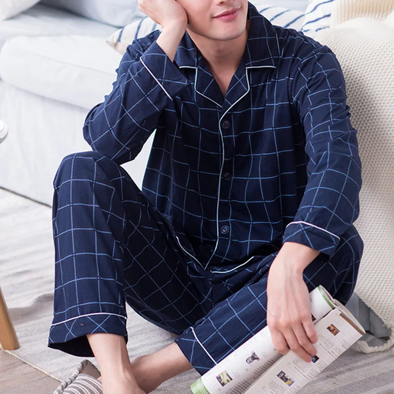 Men's Pajama Sets Simple Sleepwear Long Sleeve Cotton Top Pant Leisure Outwear Soft Autumn Winter Plus Size Loungewear