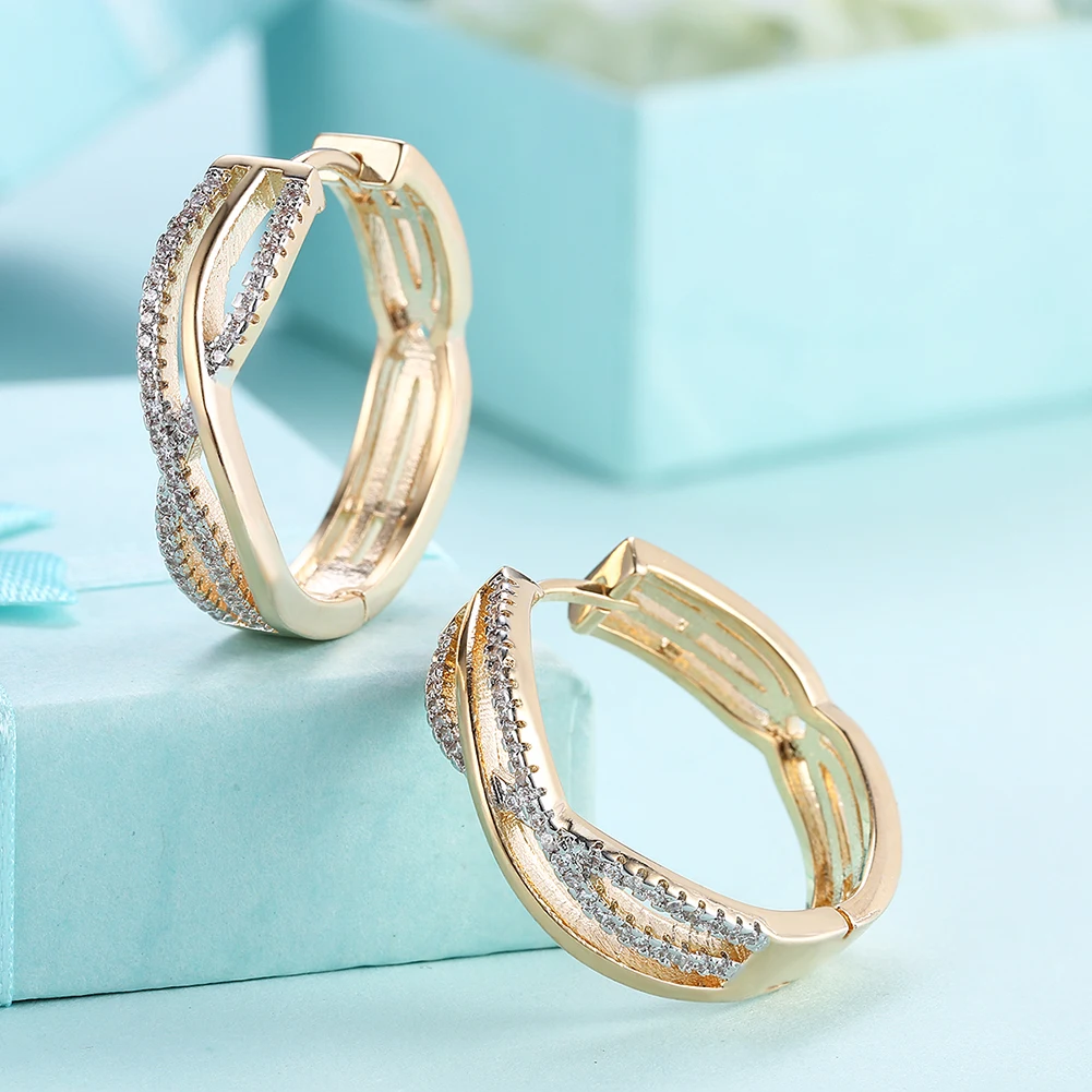 

ZEMIOR Round Hollow Line Shape Hoop Earrings For Women Champagne Gold Earring Anniversary White Cubic Zirconia Fashion Jewelry