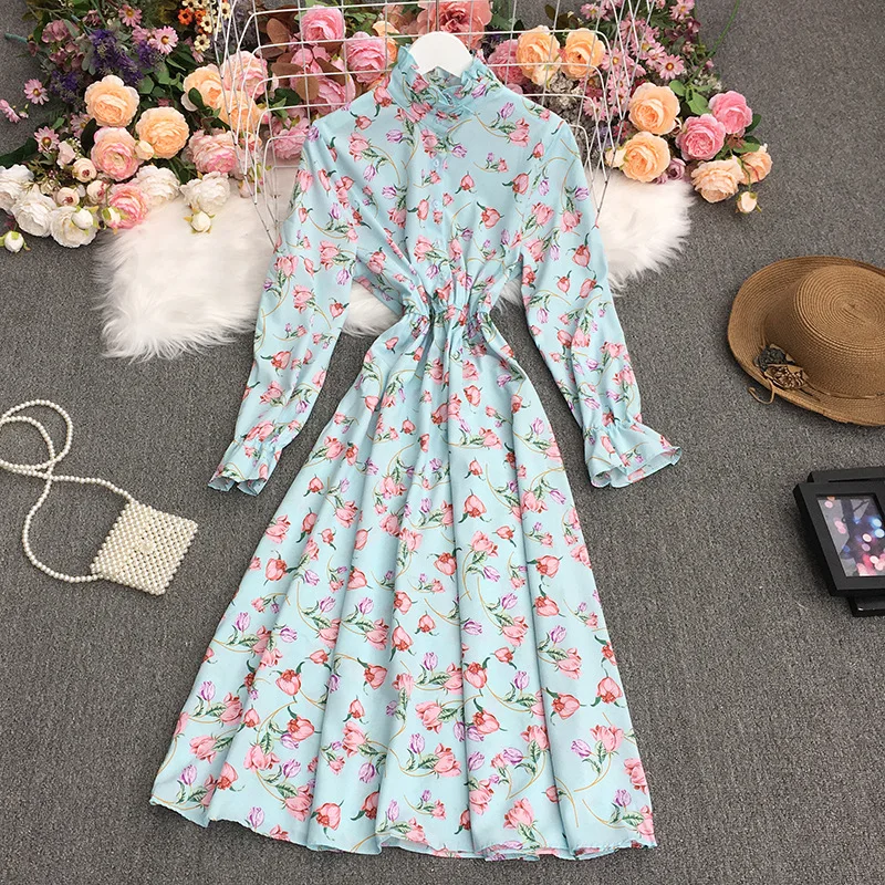 

Chic Korean Bottoming Dress Women 2021 Spring Autumn Chiffon Dresses Vintage Floral Print Bow Tie Collar A Line Dress Vestidos