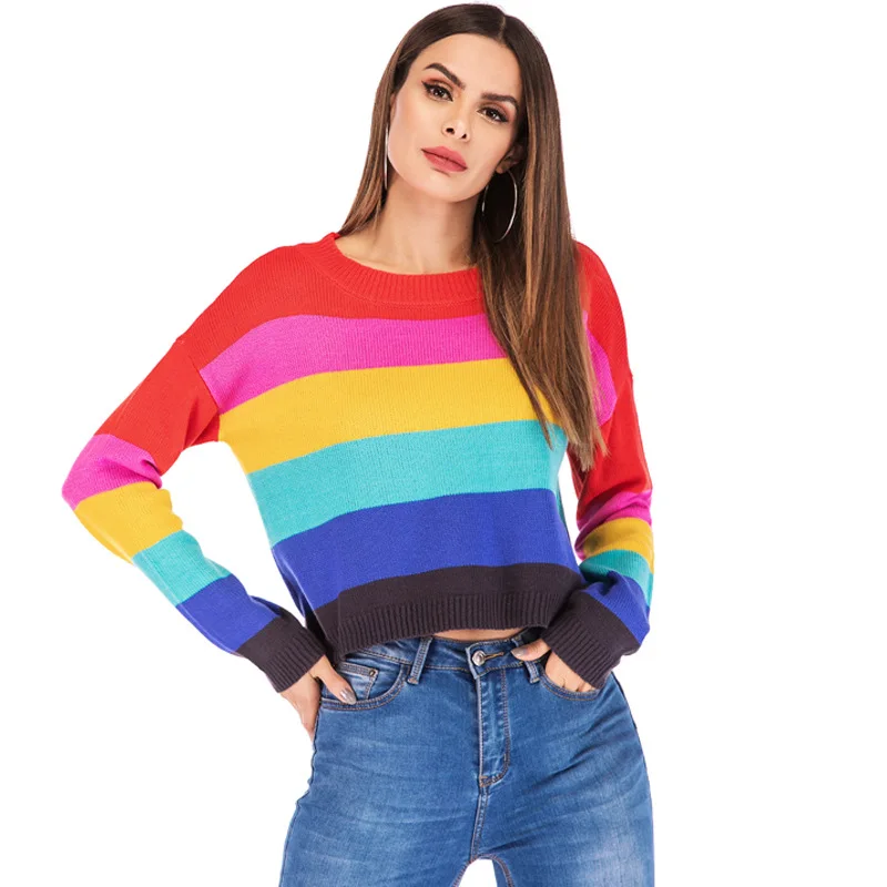 

Women Pull O Neck Sweaters 2019 Women's Striped Sweater Jumper Candy Color Harajuku Chic Short Sweater