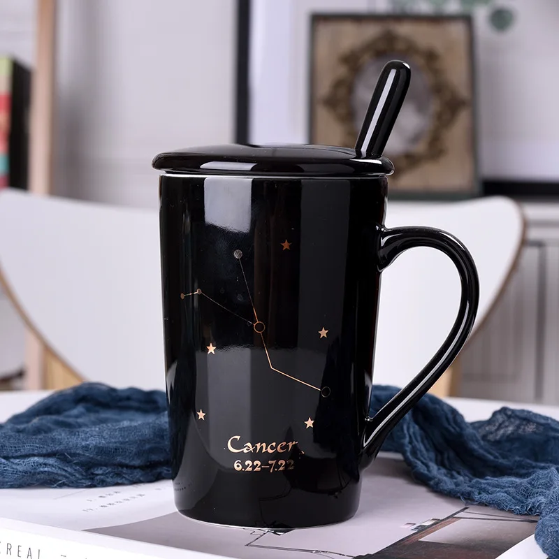 

New bone china twelve constellation ceramic mug hot stamping water cup with lid spoon business gift coffee cup custom logo