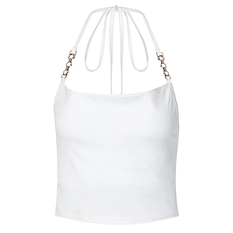 

2021 women's necktie chain stitching solid sexy open back small sling vest tank tops y2k tops