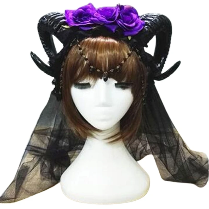 

Halloween Carnival Lolita Headband Sheep Horn Rose Flower Chain Crown Hair Hoop Vampire Demon Mesh Veil Gothic Cosplay