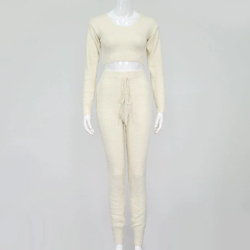 

Women's Tracksuit Two Piece Set Spring Autumn Clothes Solid O-Neck Full Sleeve Crop Top And Pants Casual Female Knitted Suits