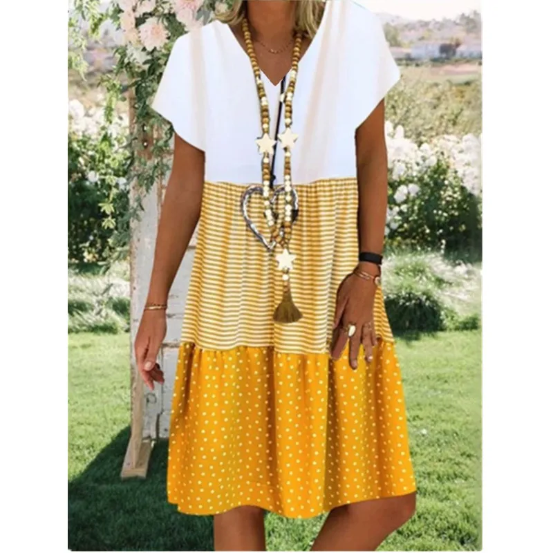 

Bikoles 2022 Summer New Fashion Sexy V Neck Dress Casual Loose Stripe Polka Dot Print Short Sleeve Ladies Midi Dresses Plus Size