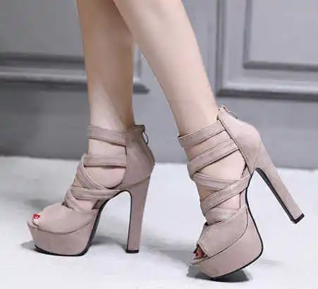 

Roman shoes fish mouth waterproof platform suede cross zipper high heel shoes fish mouth sandals