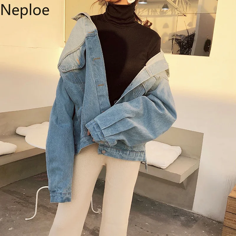 Neploe, корейские новинки, свободные, Ретро стиль, студенческие джинсовые куртки, модные, с воротником поло, с принтом, casoco feminino, куртка, осень 45601