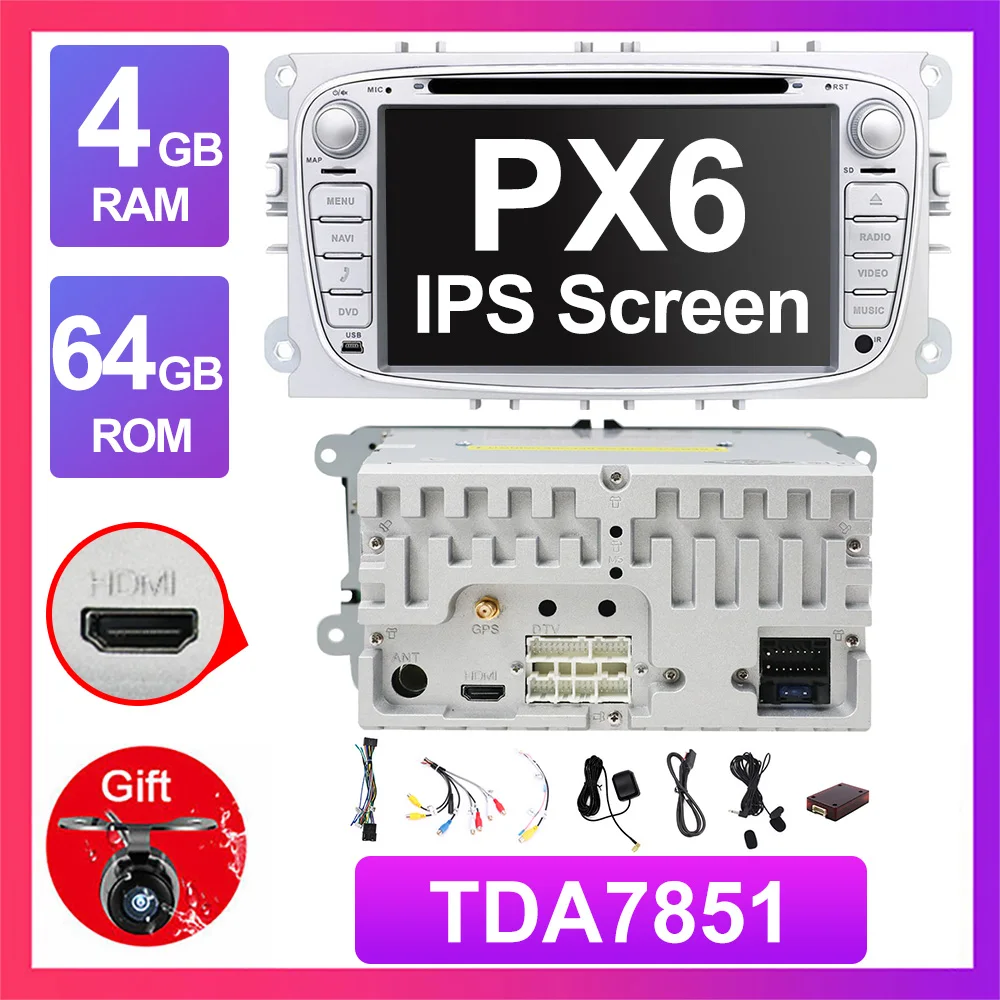 PX6 4G 64G Sliver Eunavi 2 Din " Android 9,0 автомобильный dvd-плеер радио онлайн карты gps навигация wifi для Ford focus II Galaxy Transit Tourneo Mondeo - Цвет: PX6 4G 64G Sliver