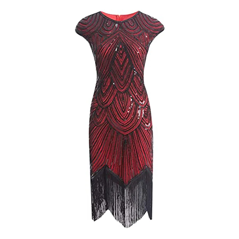 

3XL Womens 1920s Vintage Flapper Great Gatsby Party Dress V-Neck Sleeve Sequin Fringe Midi Dresses Summer Art Deco Embellished