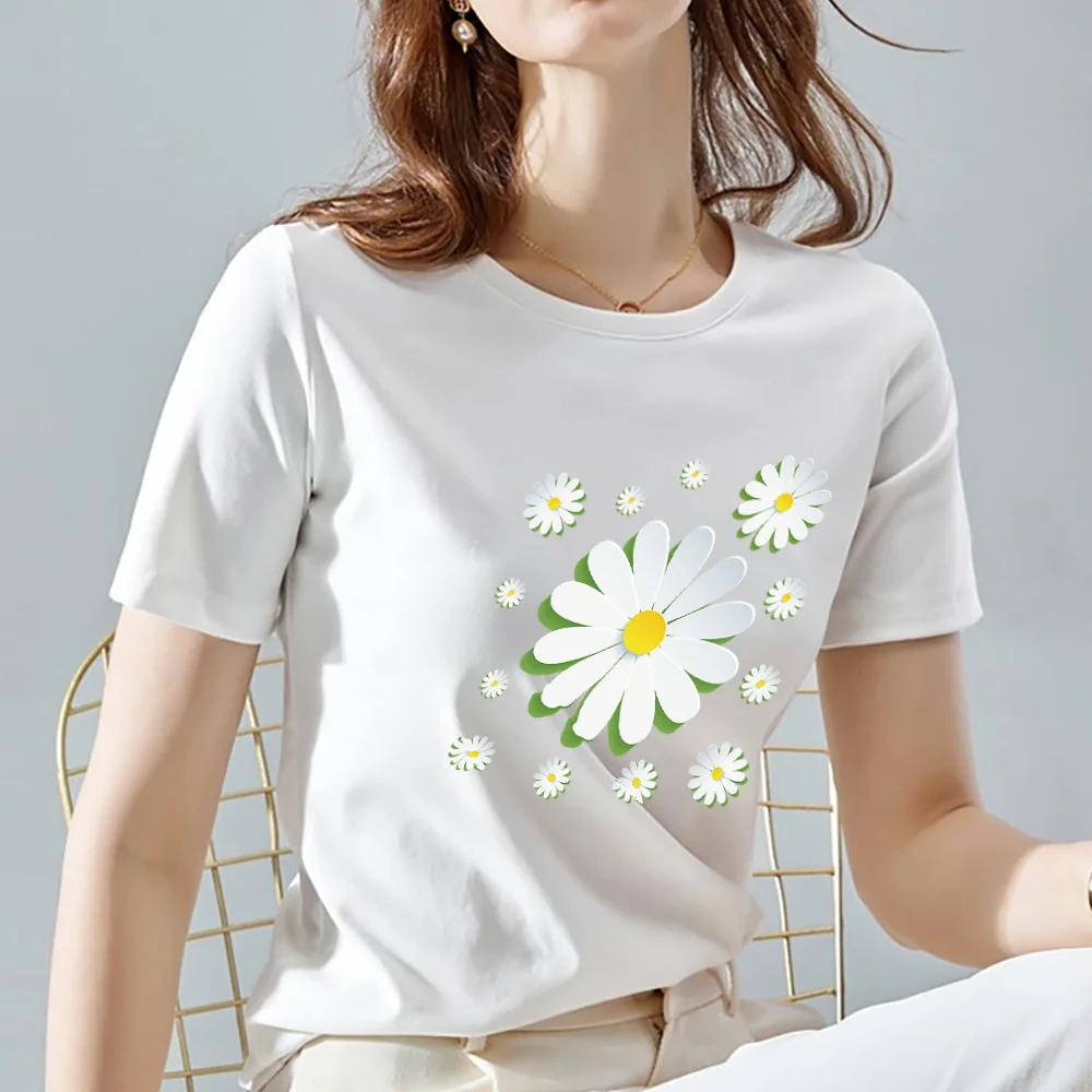 Street Fashion Women's T-shirt White Classic Daisy 3D Pattern Printing T-shirt Top O-neck Ladies Youth Commuter All-match Top