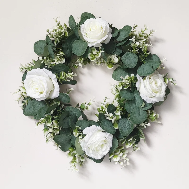 

White Rose Eucalyptus Globulus Artificial Wreaths 45cm Artificial Flower Plant Garlands Home Door Wedding Party Decoration