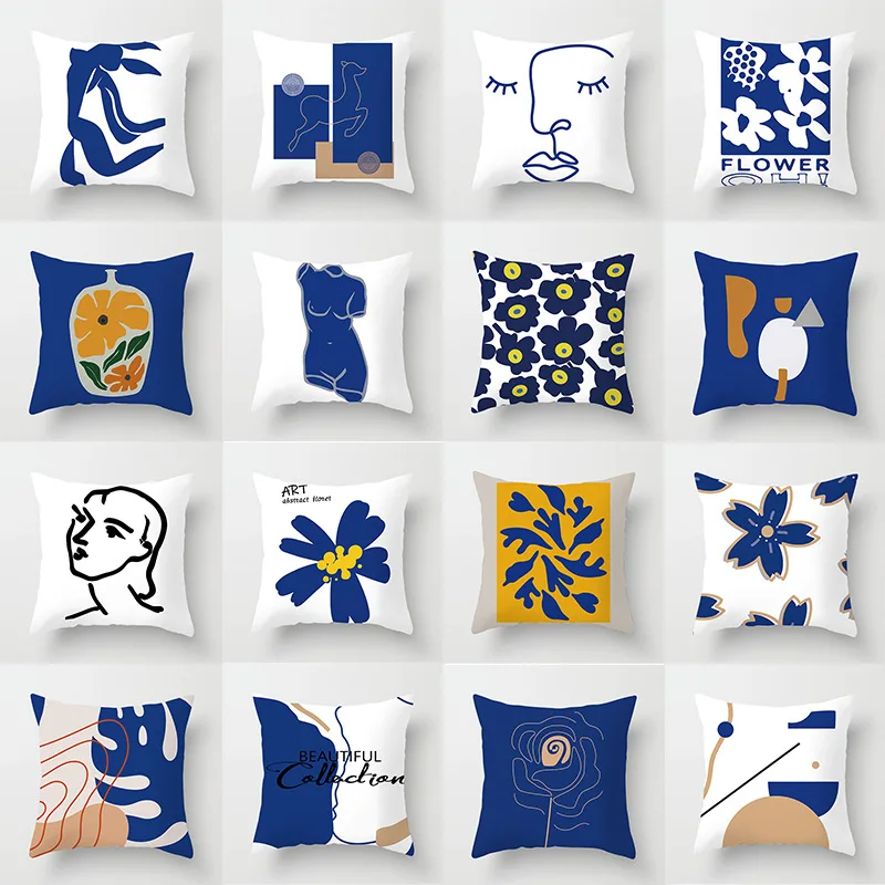 

New Ins Popular Nordic Style Artistic Pillow Case Geometric Abstract Art Figure Blue Pillow Cushion Cover Navy Blue Pillow Cover