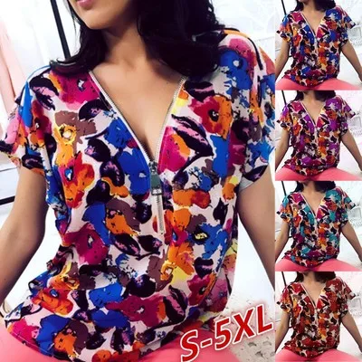 

Женский пуловер с коротким рукавом, разноцветный пуловер на молнии с V-образным вырезом, Повседневная Свободная футболка с коротким рукавом...