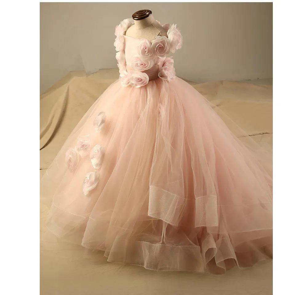 

Blush Pink 3D Flower Pageant Dresses For Girls Ruffles Tiered Kids Ball Gown Long Flower Girl Dress First Communion Dresses