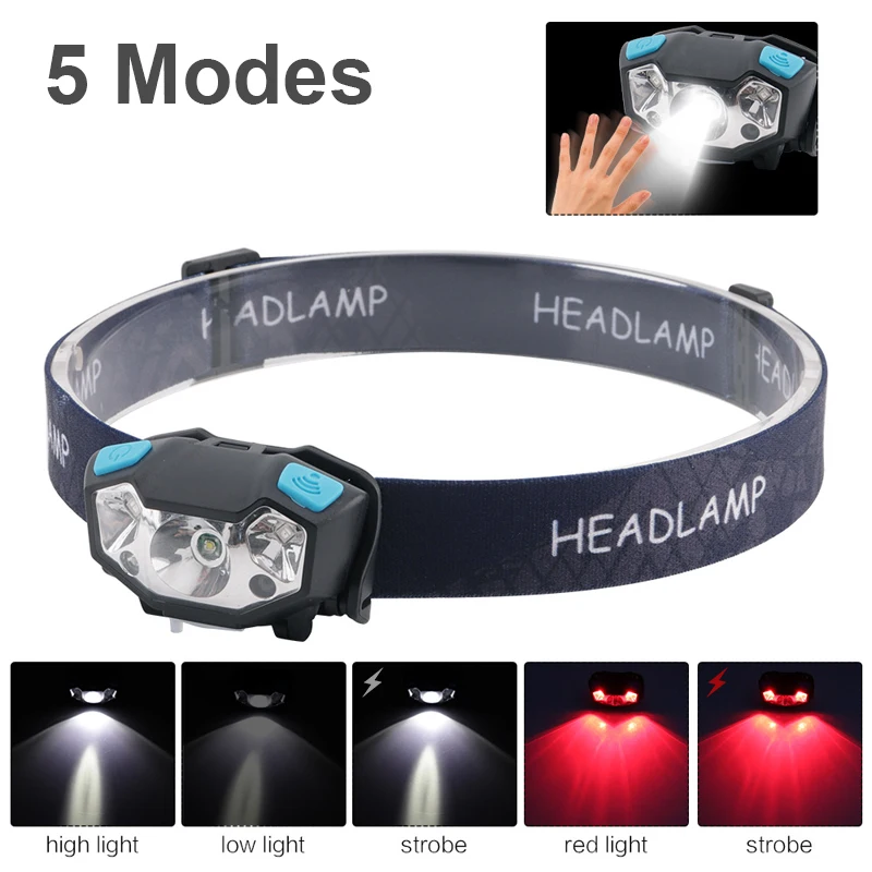 

Мини Сенсор головной светильник белого и красного цветов светильник XPE светодиодный налобный фонарь зарядка через USB пальце Индукционная ф...