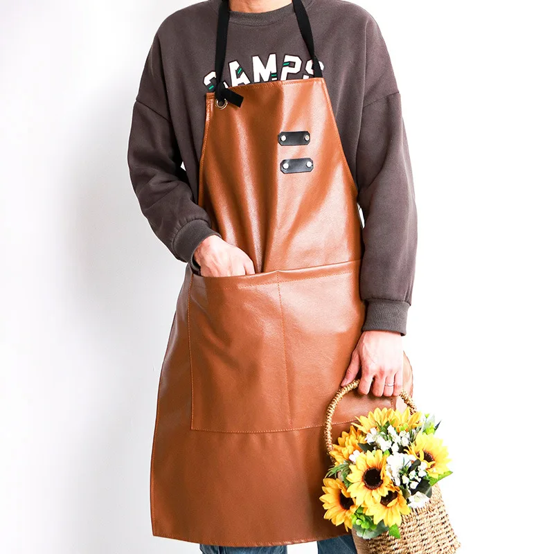 

PU Leather Apron for Man Kitchen Waterproof Antifouling Cooking Cleaning Apron Restaurant Market Working Clothes with Pockets