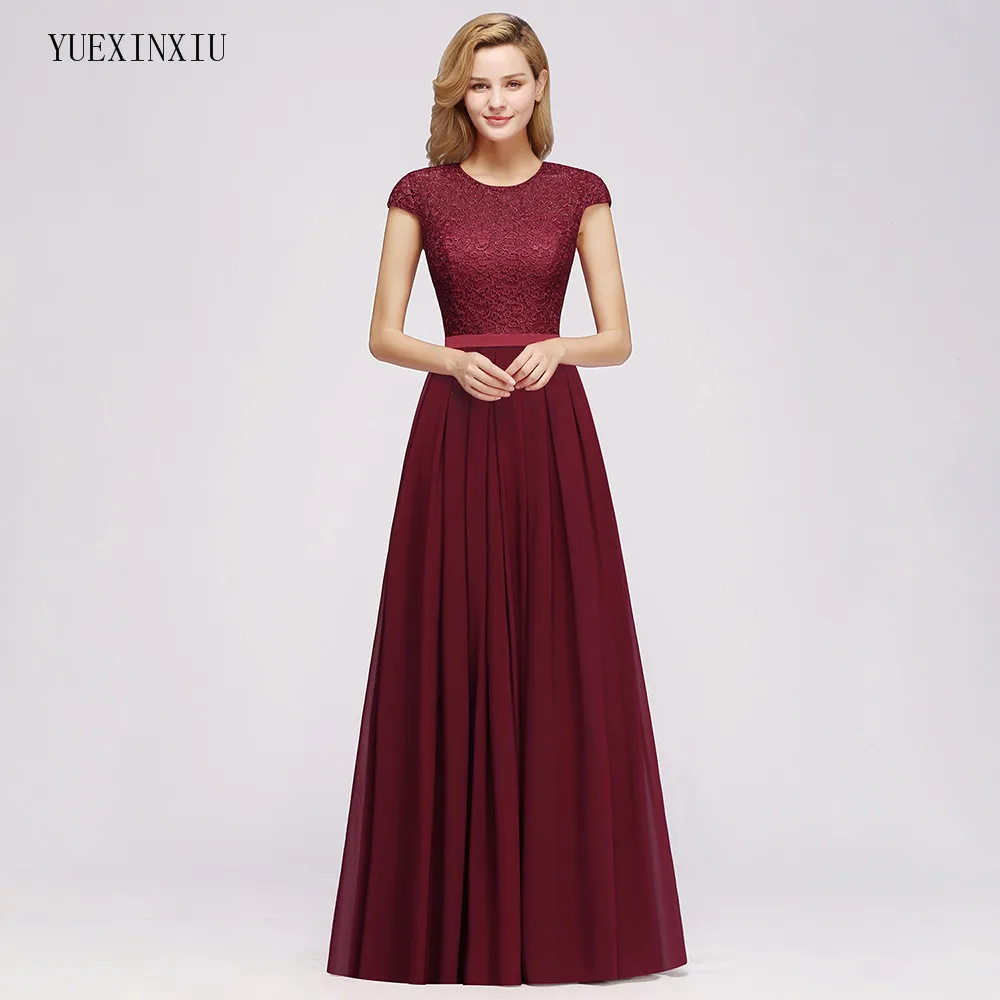 Очаровательное бордовое кружевное шифоновое длинное вечернее платье 2019