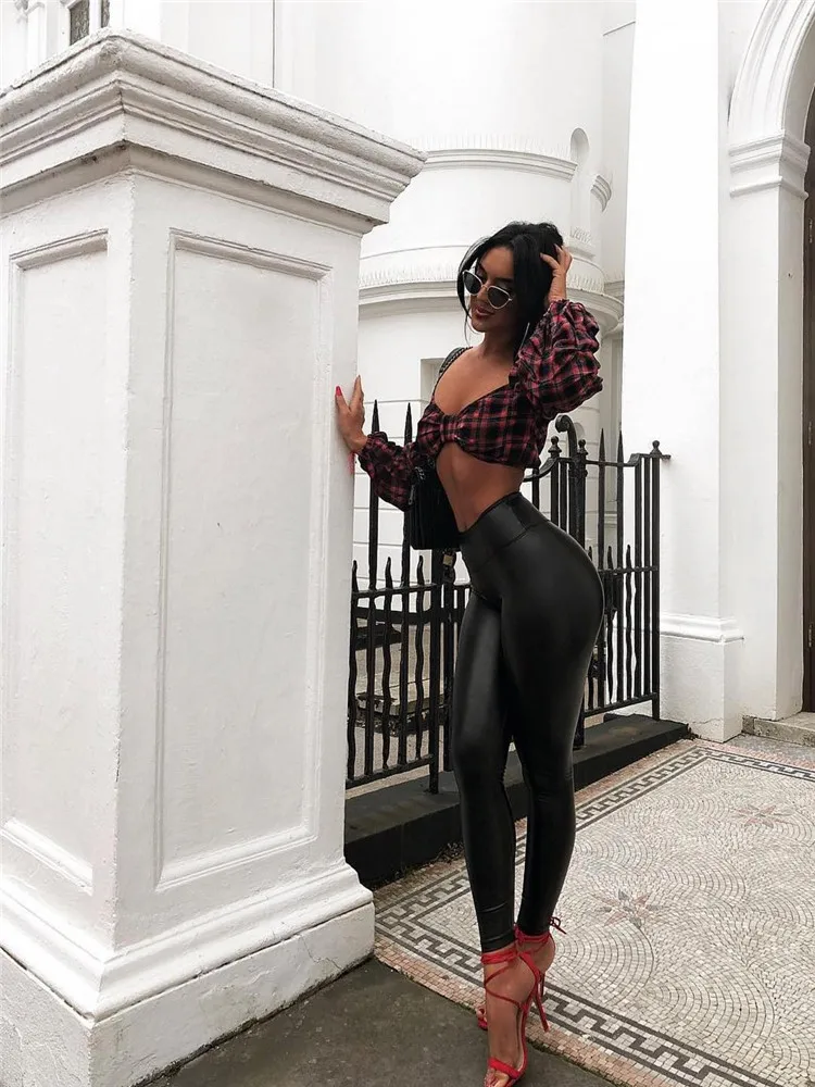 

Леггинсы женские черные эластичные из искусственной кожи, с высокой талией, с эффектом пуш-ап