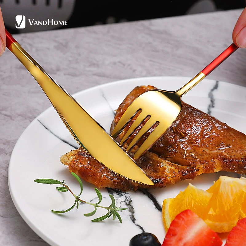 VandHome красочные черные столовые приборы набор посуды из нержавеющей стали нож