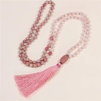 108 beads mala natural stone pink long tassel necklace women meditation necklace handmade bead knotted yoga necklace dropship