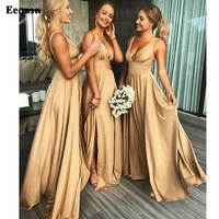 eeqasn simple champagne silk satin long bridemaid dresses v neck women party dress for wedding guest formal prom gowns plus size