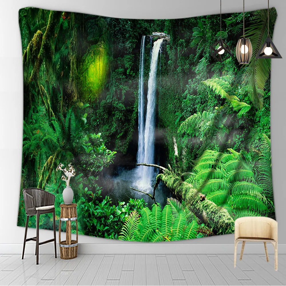 

Tropical Rainforest Tapestry Wall Home Decor Fabric Hanging Green Trees River Waterfall Wall Carpet Tapestries Room Decoration
