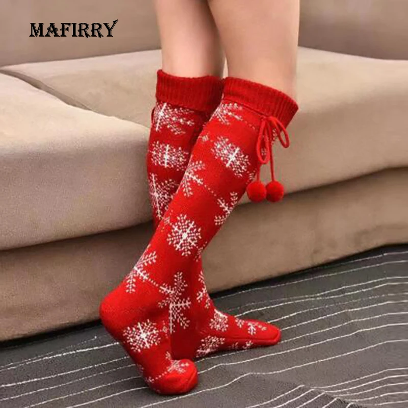 

New Women Thigh High Over The Knee Socks Christmas Snowflake Printing Long Knitted Stockings Winter Warm Streetwear Dropshipping