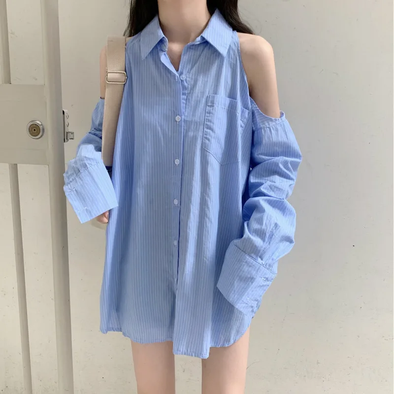 

Clothes Blouse Women Loose Long-Sleeved Strapless Shirt Summer Pinstripe Lazy Wind Crop Tops Blusas Ropa De Mujer Chemise Femme