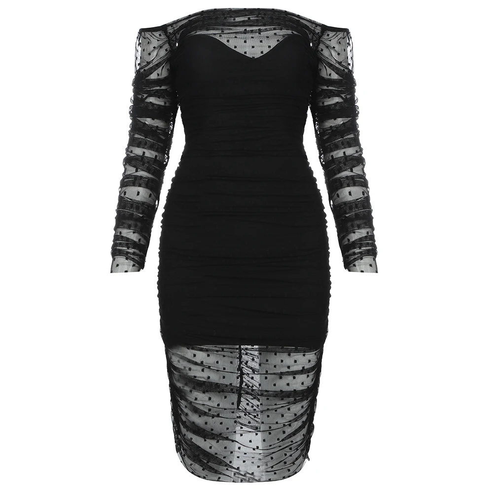 Элегантное женское Бандажное платье черное Сетчатое вечернее с длинным рукавом