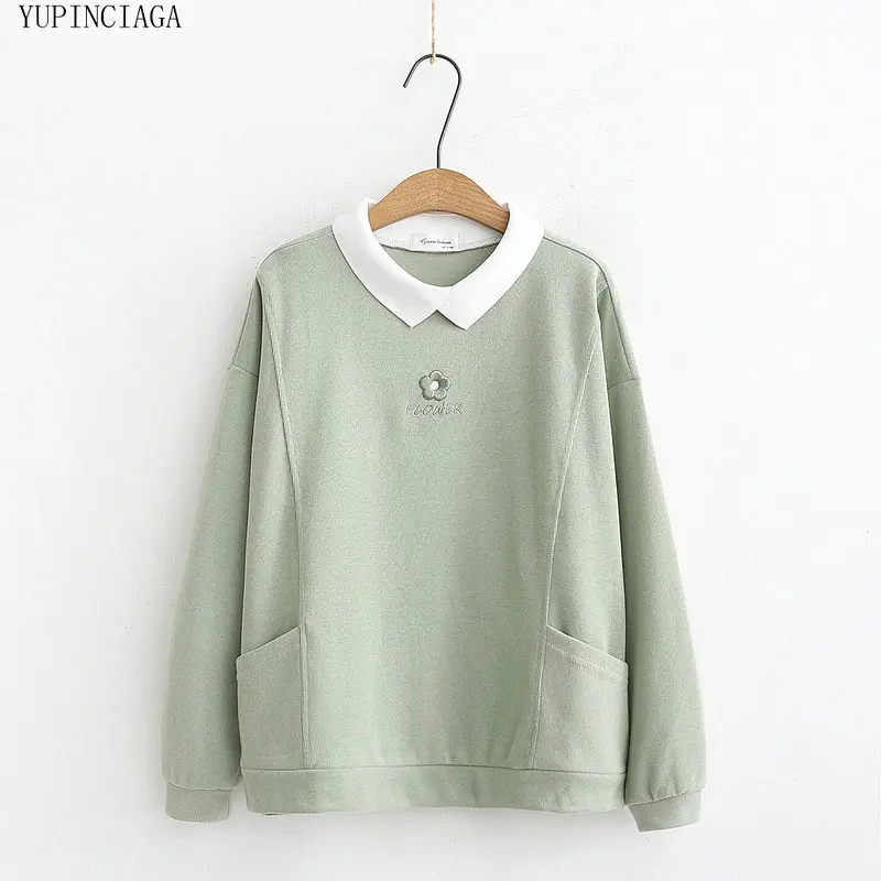 Женские милые толстовки в стиле Харадзюку свитшот с цветочной вышивкой и