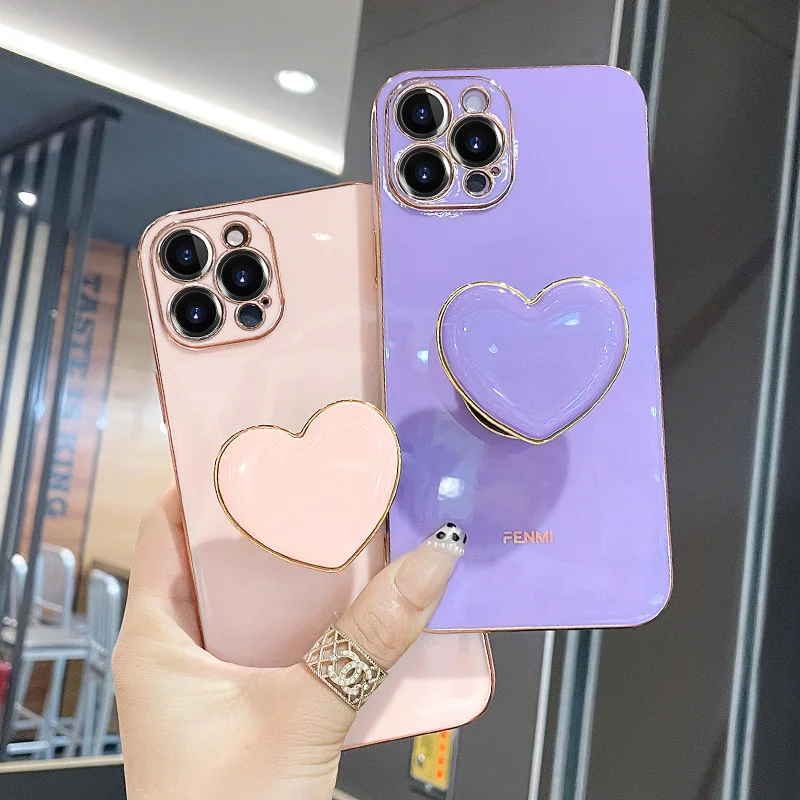 

Case For Samsung Galaxy A51 A71 A31 A21s A12 A22 4g Plating Love Heart Fold Phone Holder Luxury Silicone Cover On A 51 71 21s 12