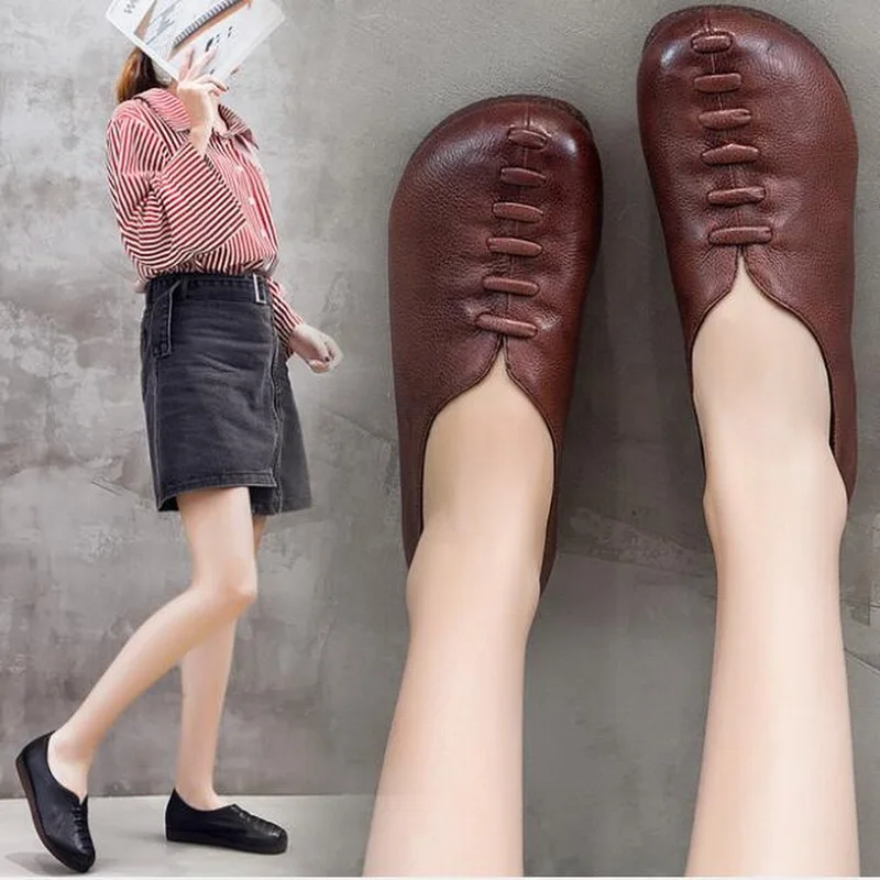 Shoes Woman Genuine Leather Ladies Flat Shoes Round Toe Slip On Ballerina Shoes Autumn New Handmade Shoes Women Flats