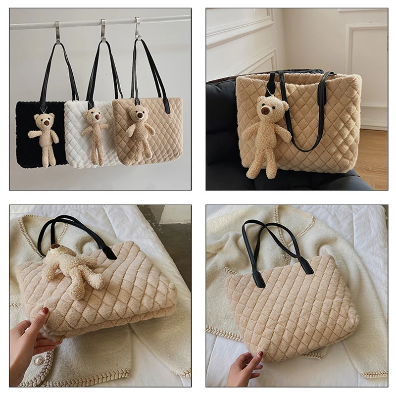 Diamond Pattern Bags For Women 2021 New Soft Fluffy Bag Furry Handbag Solid Fur Crossbody Shoulder Bag Casual Plush Tote Bag Sac