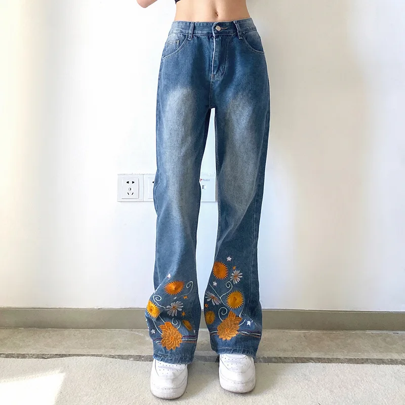 

Джинсы Y2k женские с принтом, джинсовые брюки-клеш с высокой талией и вышивкой, облегающие винтажные модные уличные штаны в стиле Харадзюку с ...