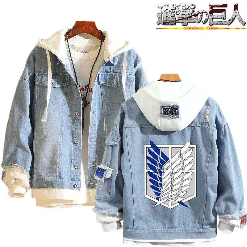 

Attack on Titan Denim Jacket Scout Regiment Cosplay T Shirt Eren Jager Anime Hooded Sweatshirt Outwear Coat Women Man Adults
