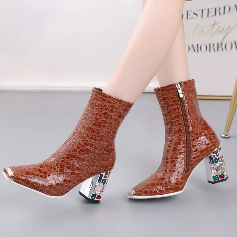 

Fashion Metal Square Toe Women Boots Crystal Square High Heel Ankle Boots Pu Leather Autumn Winter Ladies Shoes