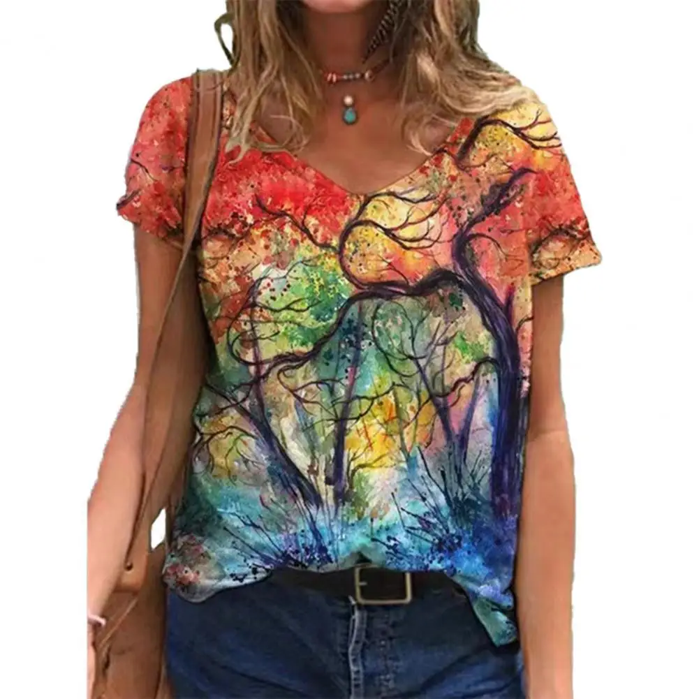 

Summer T-shirt Women Casual Loose Colorful Print Tee Shirts Short Sleeve Fashion V-neck Elegant Top Tshirt