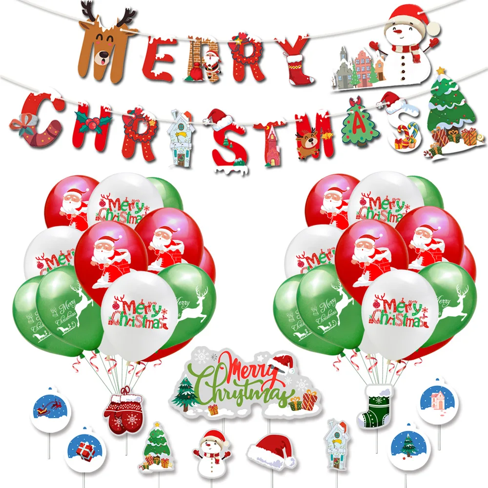 

1 Набор надувных шаров с флагом на рождественскую вечеринку, Рождественский тематический баннер, украшения для торта, Санта-Клаус, олень, ла...