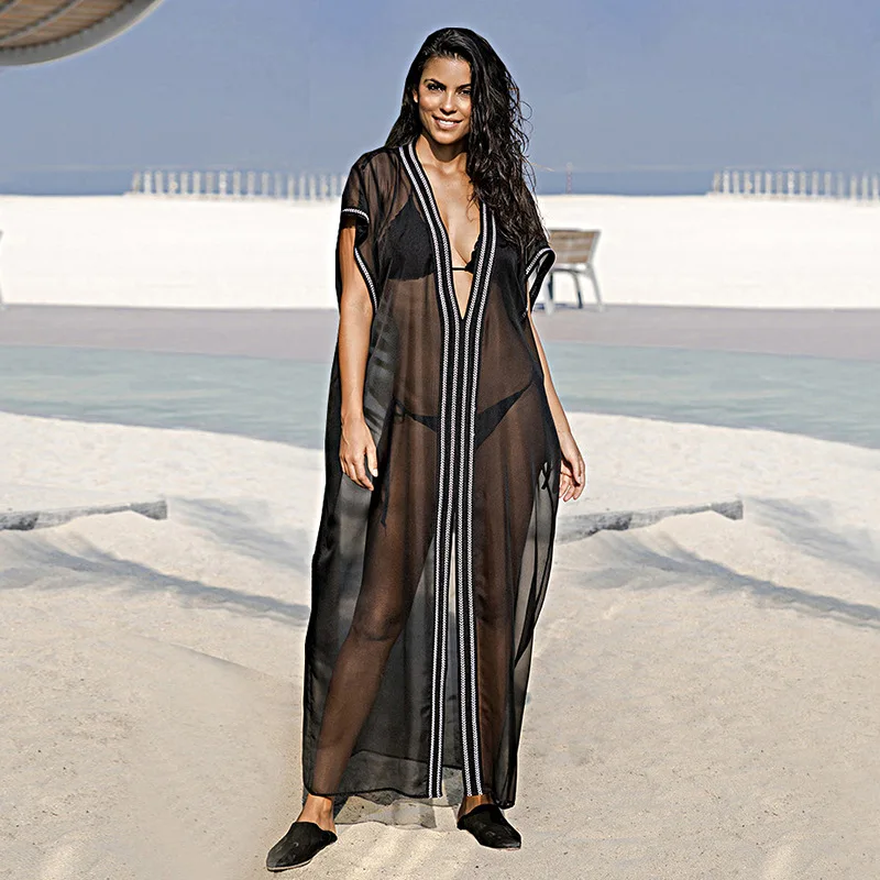 Черное Шифоновое пляжное прозрачное Пляжное Платье макси с вышивкой|Пляжная