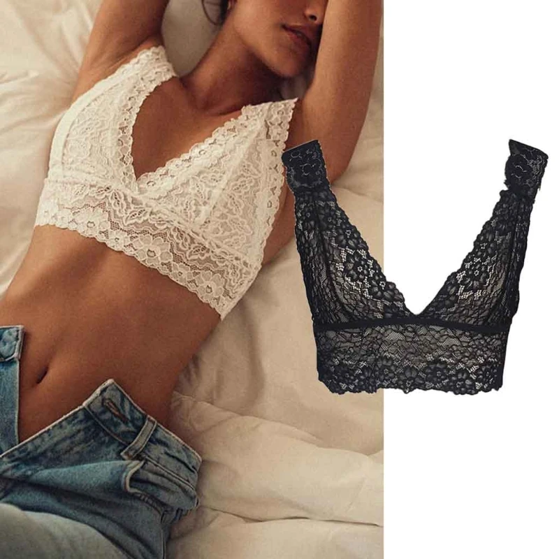 Womens Deep V Neck Floral Lace Bralette Unpadded Seamless Bra Sheer Lingerie New X3UE