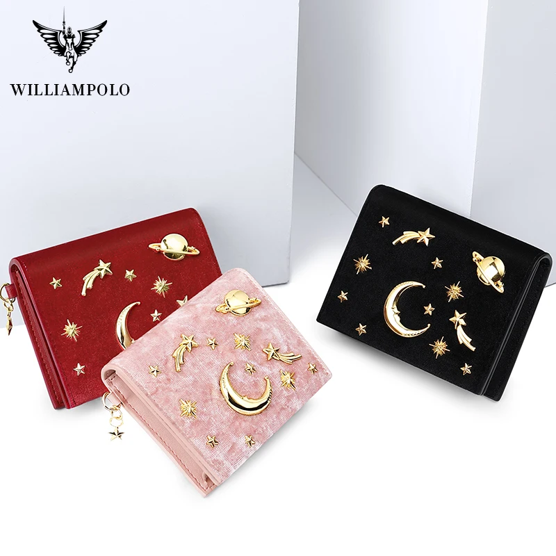 Новинка года. Брендовый женский кошелек от бренда WILLIAMPOLO. Бархатный мини-кошелек звездного дизайна. Тонкий кошелек. Модный кошелек на молнии для монет